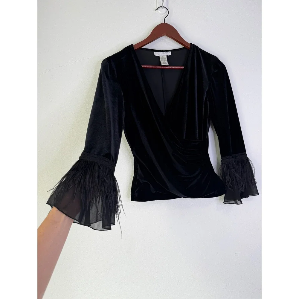 Vintage Jackie‎ Jon Black Velvet Faux Wrap Top Feather Trim Small Whimsigoth 90s